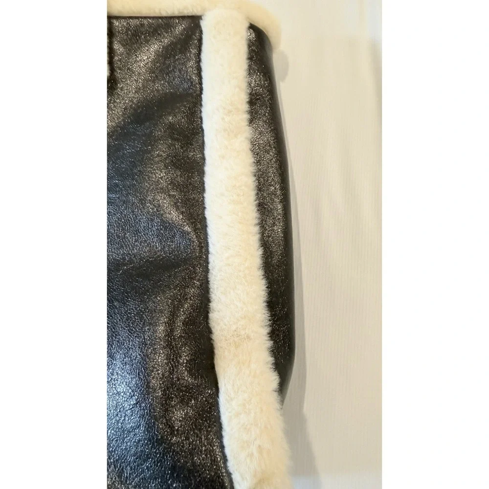 BCBGeneration Tote Black Faux Leather with White Faux Fur Trim 14x18